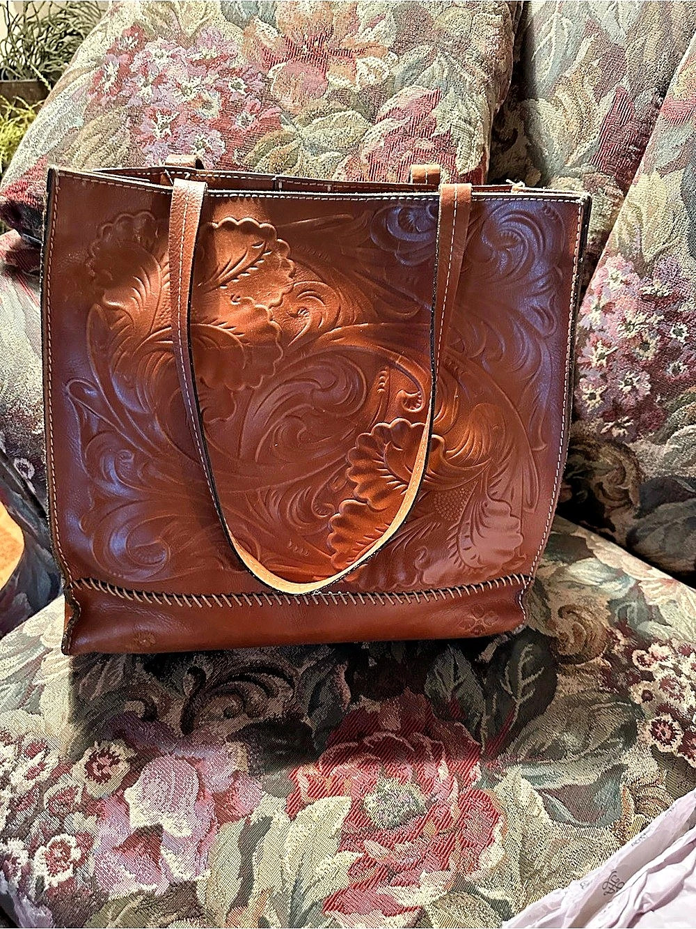 Patricia Nash Benvenuto Tote Embossed Floral Leather Brown